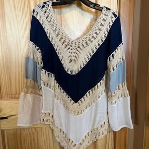 Regenbogen Boho Semisheer Crochet Longsleeve Tunic Top